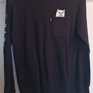 RIPINDIP Black Long Sleeve Shirt with Cat Pocket